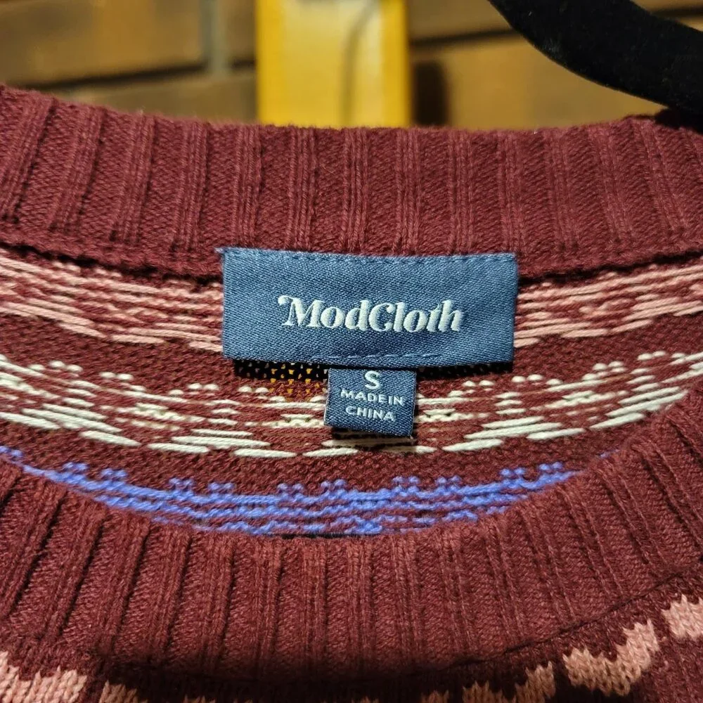 ModCloth Unicorn Heart Fair Isle Sweater Burgundy Knit - Size Small
